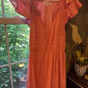 Coral Midi Dress with Ruffle Sleeves